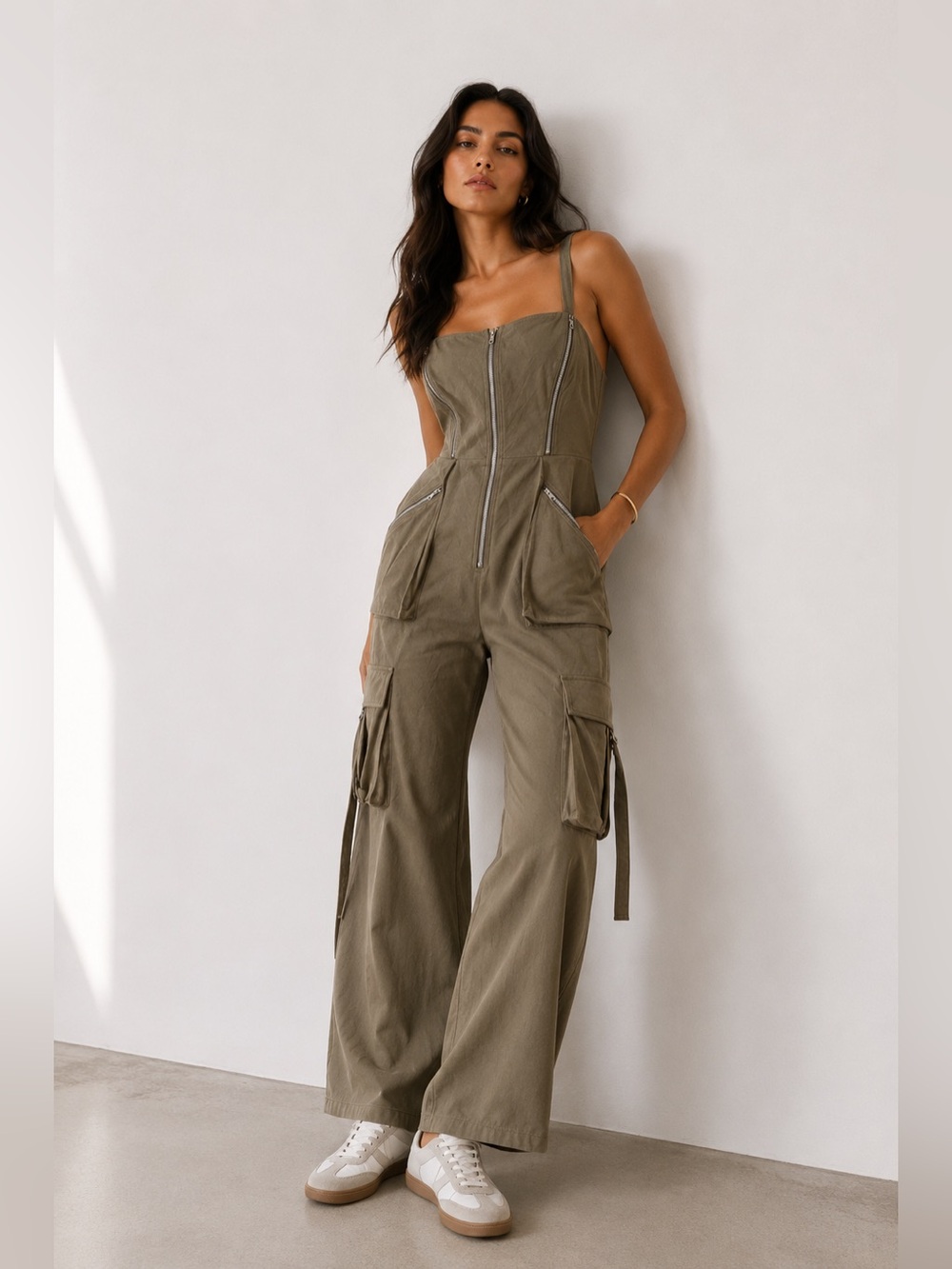 Blogger favorite Olive Cargo Wide Leg Jumpsuit Zip Front Utility Romper Pockets